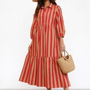 Bucket List Tiered Stripe Red and Tan Midi Shirt Dress Size Large